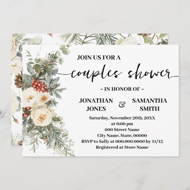 Invitación Winter White Flowers Couples Shower (Anverso / Reverso)