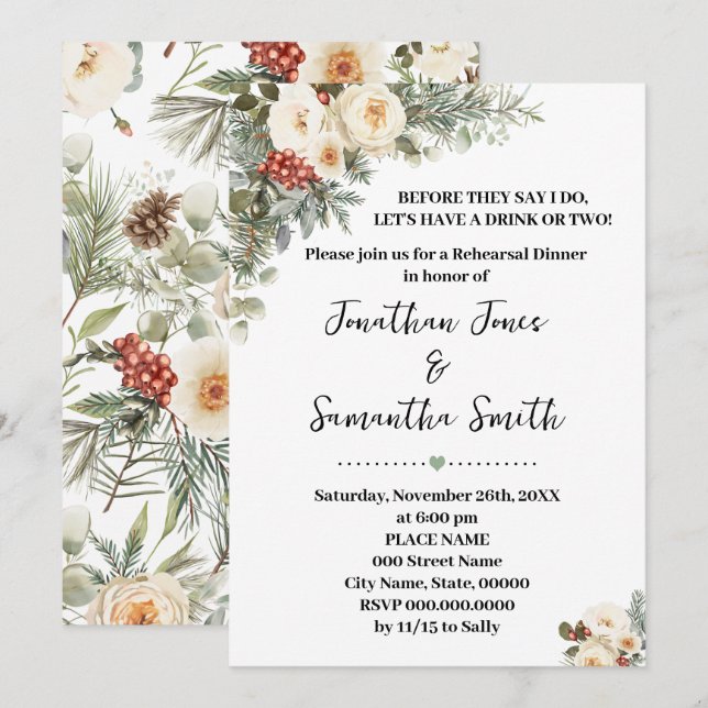 Invitación Winter White Flowers Rehearsal Dinner (Anverso / Reverso)