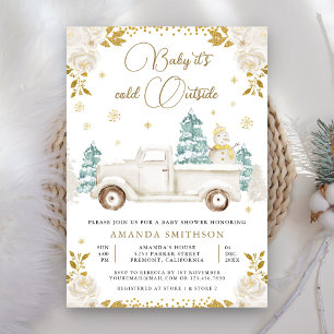 Invitación Winter White Gold Floral Truck Snowman Baby Shower