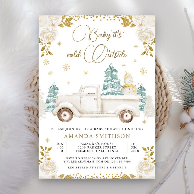 Invitación Winter White Gold Floral Truck Snowman Baby Shower (Subido por el creador)