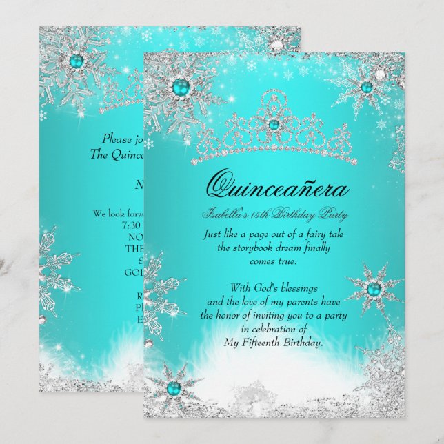 Invitación Winter Wonderland Aqua Blue Quinceanera Fiesta (Anverso / Reverso)