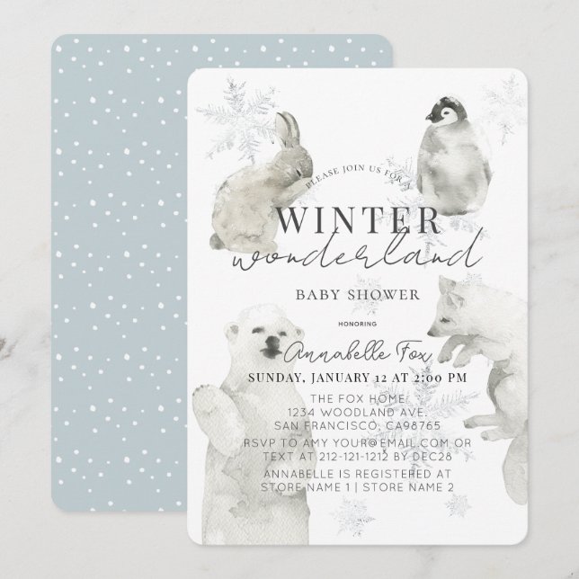Invitación Winter Wonderland Arctic Animals Boy Baby Shower (Anverso / Reverso)