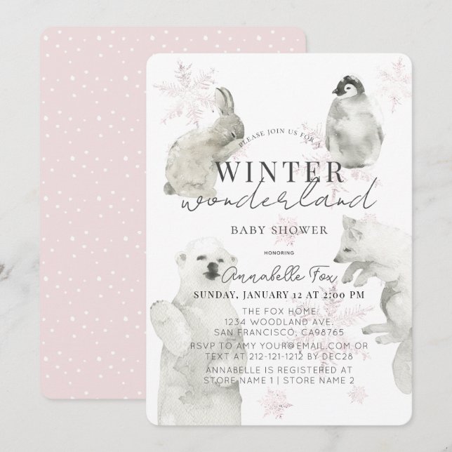 Invitación Winter Wonderland Arctic Animals Chica Baby Shower (Anverso / Reverso)