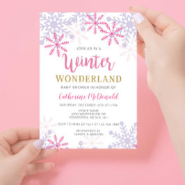Invitación Winter Wonderland Baby Shower Chica rosado Snowfla