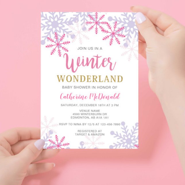 Invitación Winter Wonderland Baby Shower Chica rosado Snowfla (Subido por el creador)