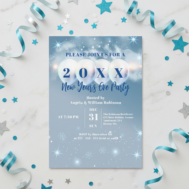 Invitación Winter Wonderland Balloons Blue New Year's Eve (Subido por el creador)