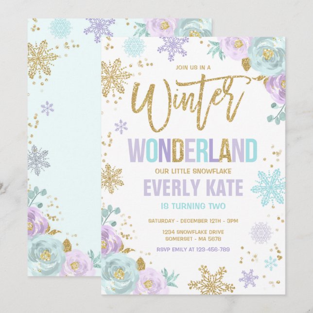 Invitación Winter Wonderland Birthday Gold Purple Snowflake (Anverso / Reverso)