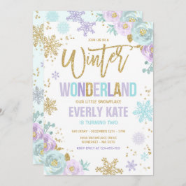 Invitación Winter Wonderland Birthday Gold Purple Snowflake