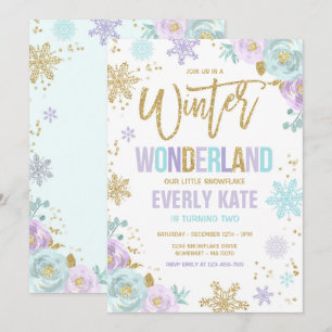 Invitación Winter Wonderland Birthday Gold Purple Snowflake