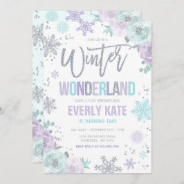 Invitación Winter Wonderland Birthday Silver Purple Snowflake