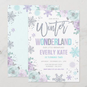 Invitación Winter Wonderland Birthday Silver Purple Snowflake
