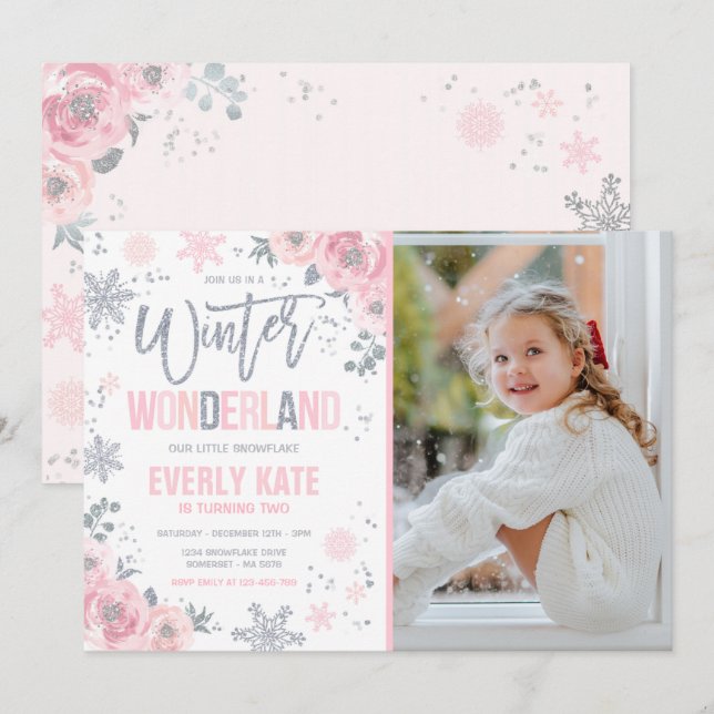 Invitación Winter Wonderland Birthday Silver Snowflake (Anverso / Reverso)