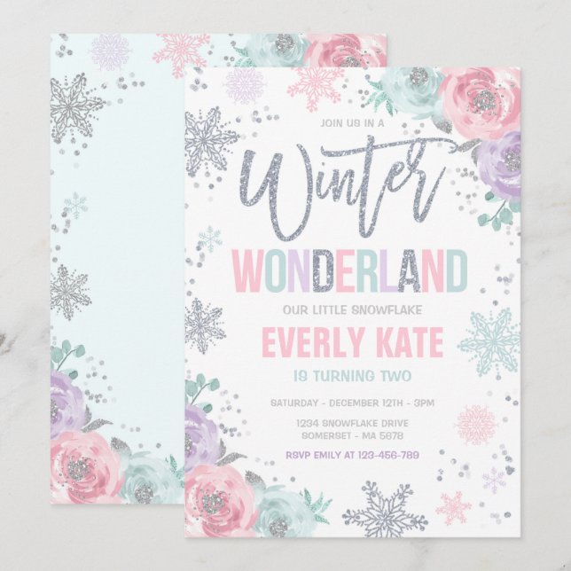 Invitación Winter Wonderland Birthday Silver Snowflake (Anverso / Reverso)