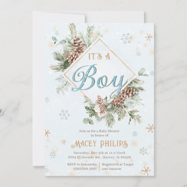 Invitación Winter Wonderland Blue Baby Boy Shower se espolvor (Anverso)
