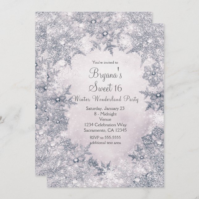 Invitación Winter Wonderland Blue Elegant Snowflakes (Anverso / Reverso)