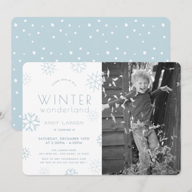 Invitación Winter Wonderland Blue Photo Birthday (Anverso / Reverso)