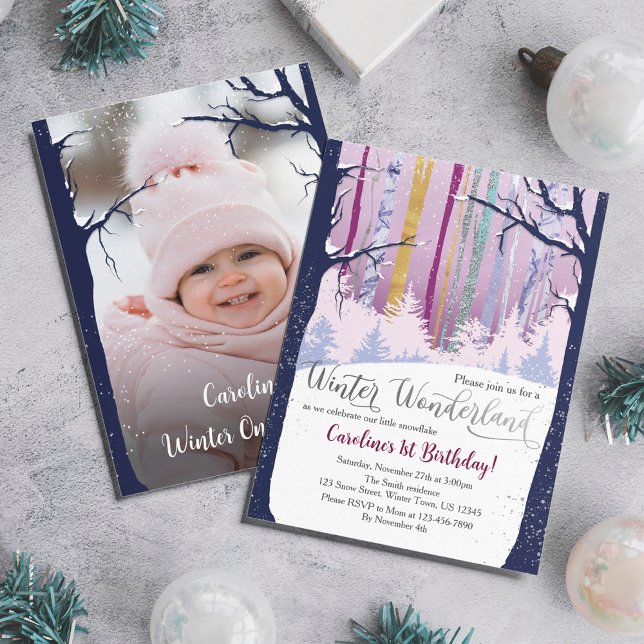 Invitación Winter Wonderland Blue Purple Silver Snow Photo (Subido por el creador)