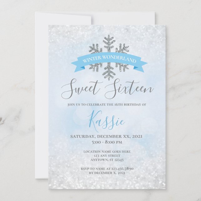 Invitación Winter Wonderland Blue Silver Sweet 16 cumpleaños (Anverso)