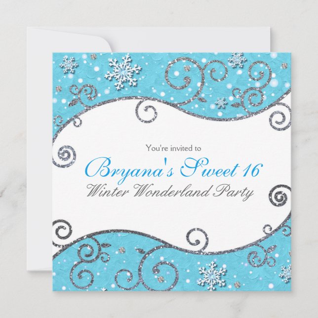 Invitación Winter Wonderland Blue & Silver Swirls Azul brilla (Anverso)
