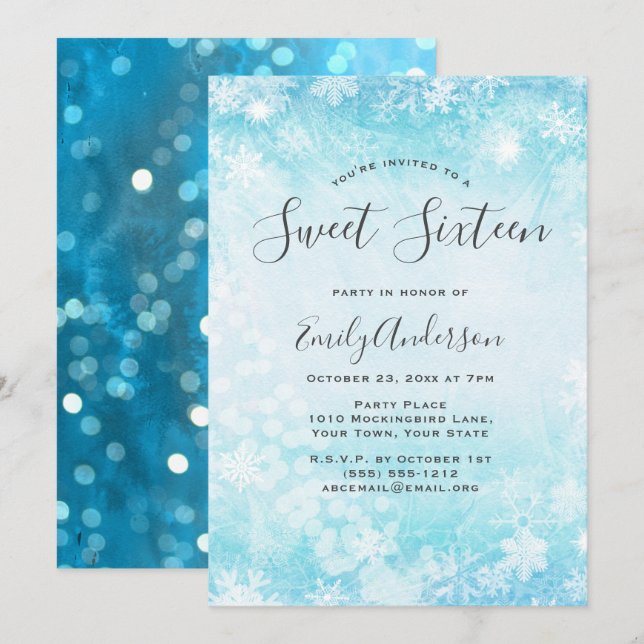 Invitación Winter Wonderland Blue Snowflake Sweet 16 (Anverso / Reverso)