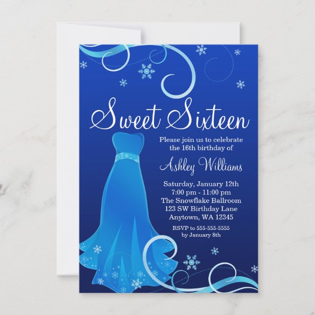 Invitación Winter Wonderland Blue Swirl Vestido dulce 16 (Anverso)