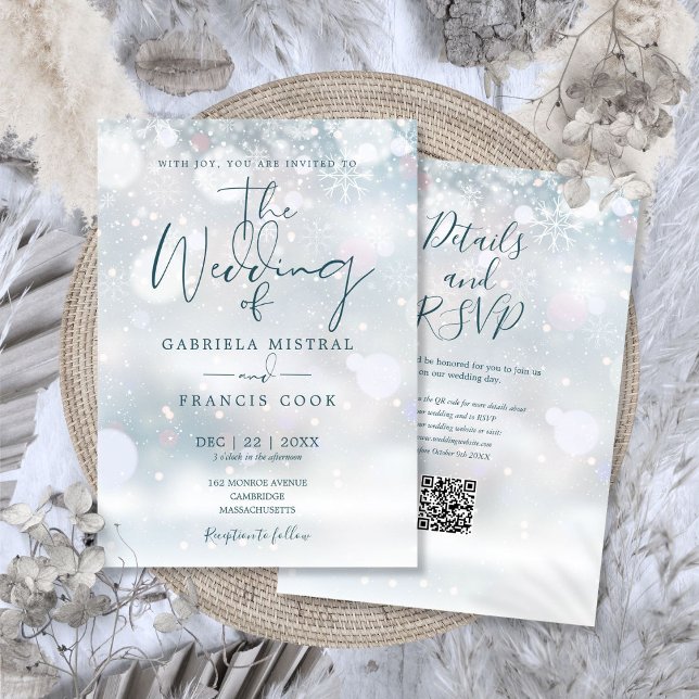 Invitación Winter Wonderland Boda de Nieve con código QR (Winter Wonderland QR Code Snow Wedding Invitation)