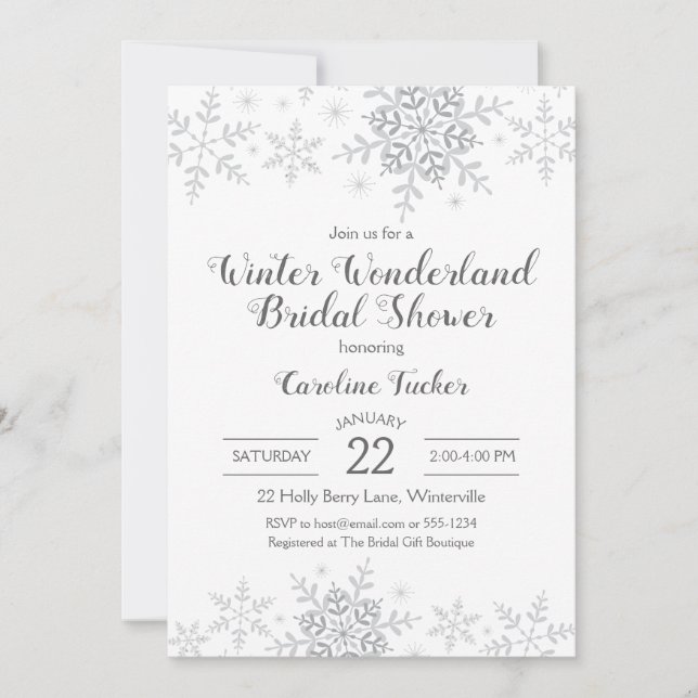 Invitación Winter Wonderland Bridal Shower Silver Snowflakes (Anverso)