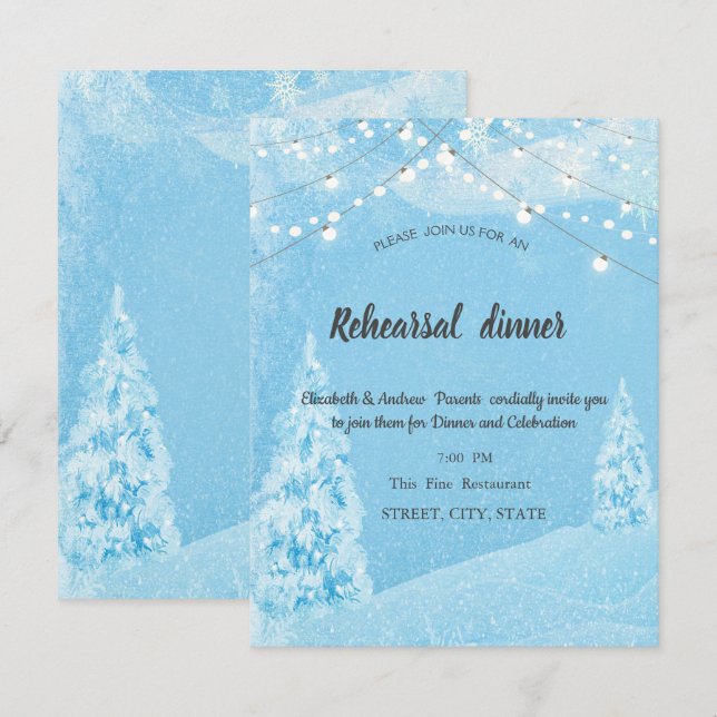 Invitación Winter Wonderland, Cena de ensayo de pinos (Anverso / Reverso)