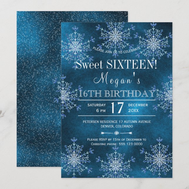 Invitación Winter wonderland copos de nieve Sweet 16 cumpleañ (Anverso / Reverso)