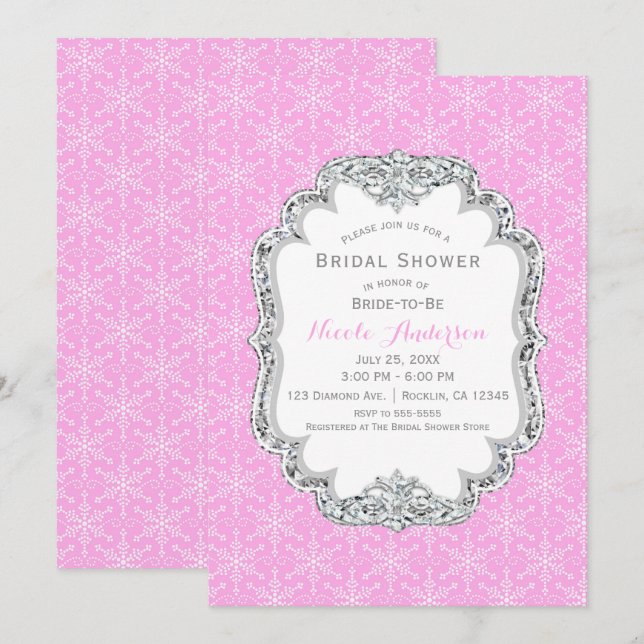 Invitación Winter Wonderland Crystal Snowflakes Pink Elegant (Anverso / Reverso)