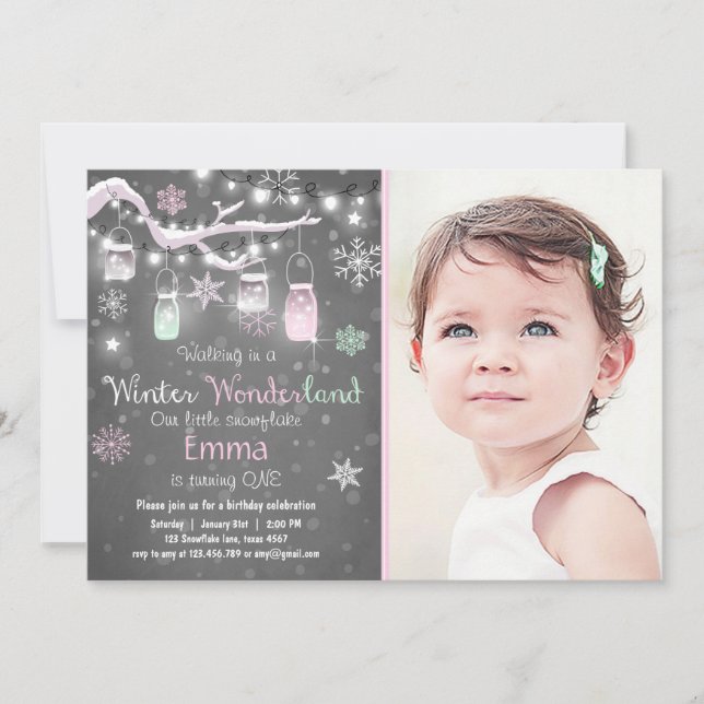 Invitación Winter Wonderland cumpleaños invita a Mint rosa Li (Anverso)