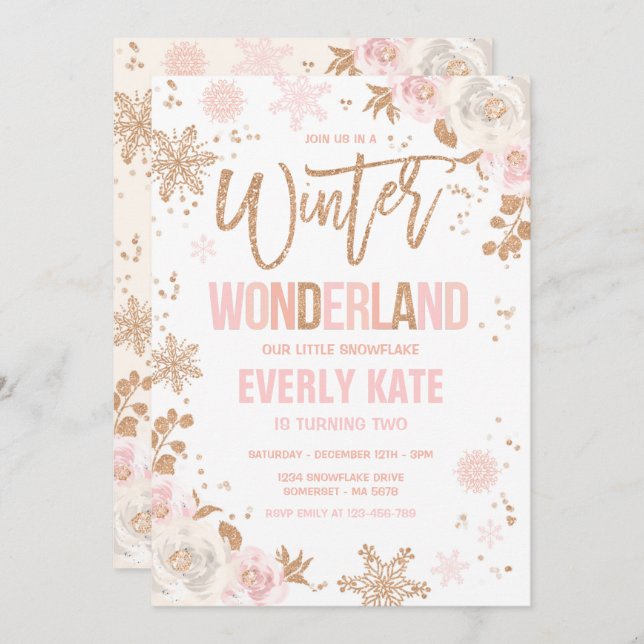 Invitación Winter Wonderland Cumpleaños Rosa Oro Y Rosa (Anverso / Reverso)