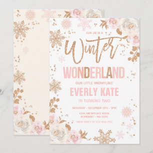Invitación Winter Wonderland Cumpleaños Rosa Oro Y Rosa