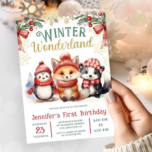 Invitación Winter Wonderland Cute Animales de Nieve Primer Cu