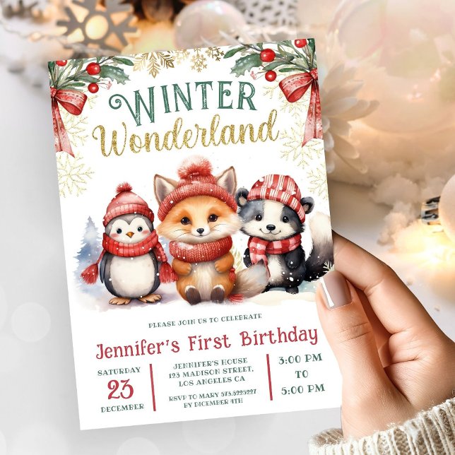 Invitación Winter Wonderland Cute Animales de Nieve Primer Cu (Subido por el creador)