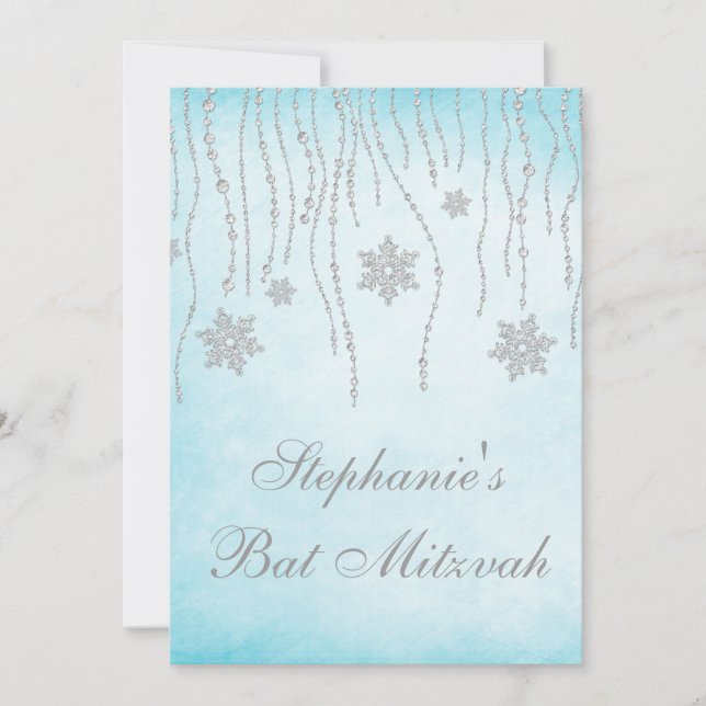 Invitación Winter Wonderland Diamond Snowflakes Bat Mitzvah (Anverso)