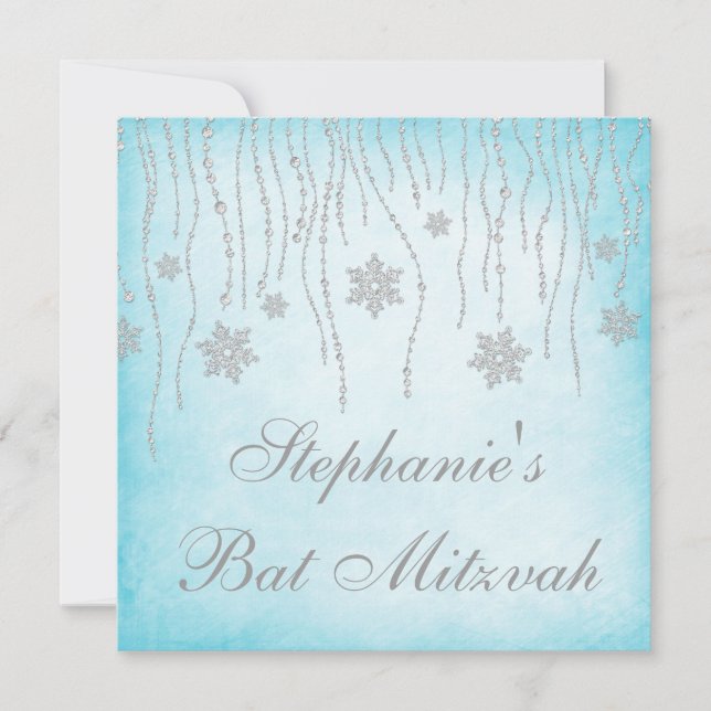Invitación Winter Wonderland Diamond Snowflakes Bat Mitzvah (Anverso)