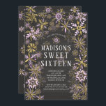 Invitación Winter Wonderland Dulce Fiesta de Cumpleaños<br><div class="desc">Moderna invitación dulce de invierno dieciséis con copos de nieve dorados y rosados colocados en un fondo de tiza negra de tendencia.</div>