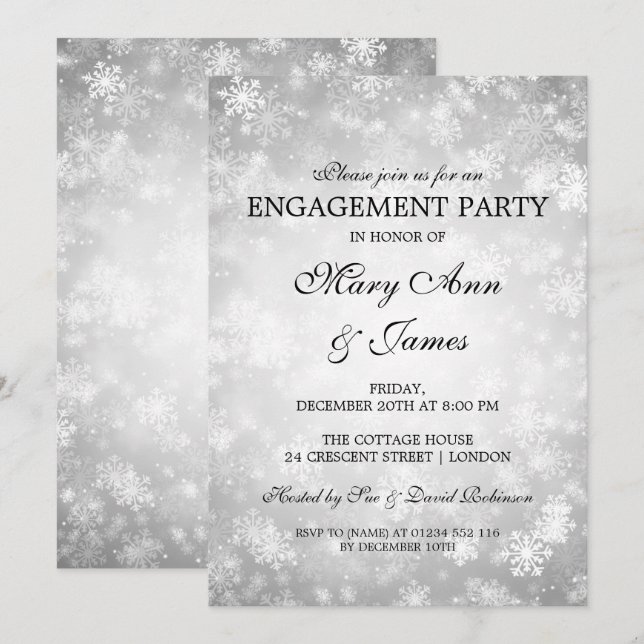 Invitación Winter Wonderland Elegant Engagement Party Silver (Anverso / Reverso)