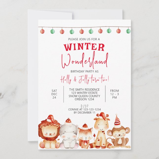 Invitación Winter Wonderland Fiesta, Twins Birthday, Twin (Anverso)