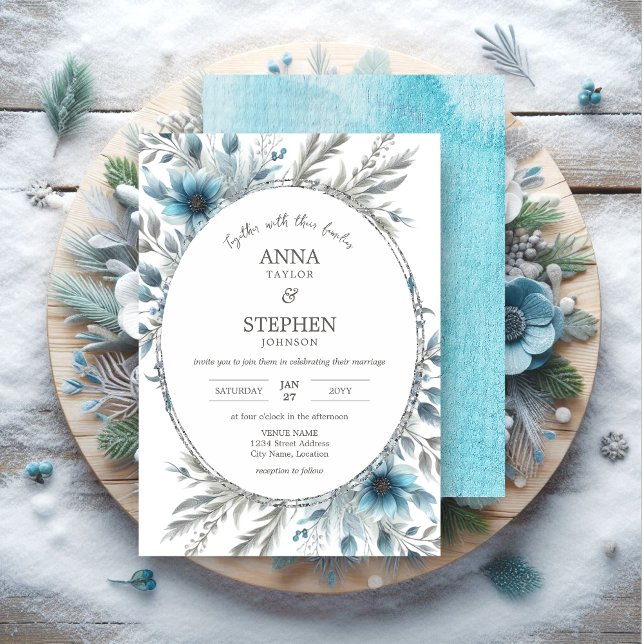 Invitación Winter Wonderland Floral Boda (Winter wonderland floral wedding invitation front and back.)