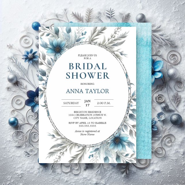 Invitación Winter Wonderland Floral Bridal Shower (Winter Wonderland Bridal Shower invitation front and back.)