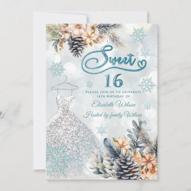 Invitación Winter wonderland floral Vestido adorable dulce 16 (Anverso)