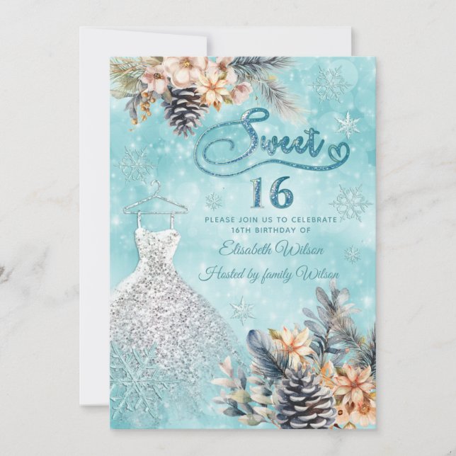 Invitación Winter wonderland floral Vestido adorable dulce 16 (Anverso)