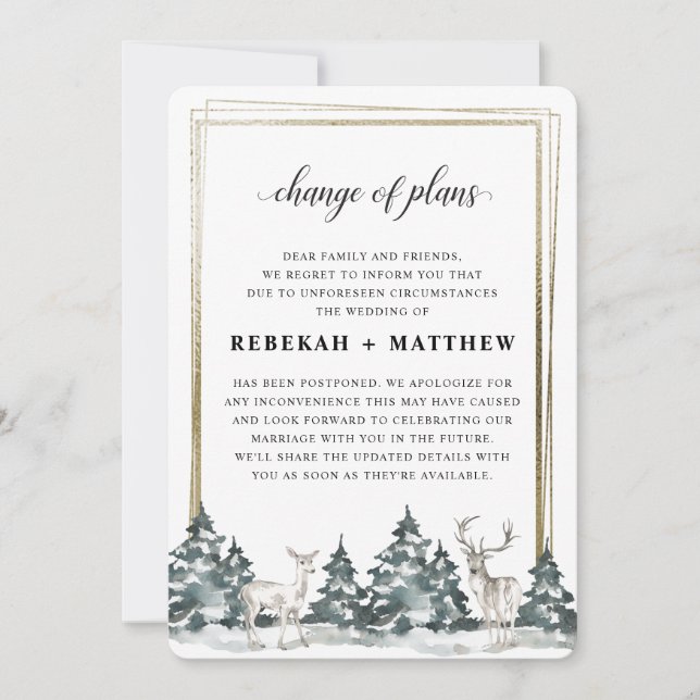 Invitación Winter Wonderland Forest | Cambio boda de planes (Anverso)