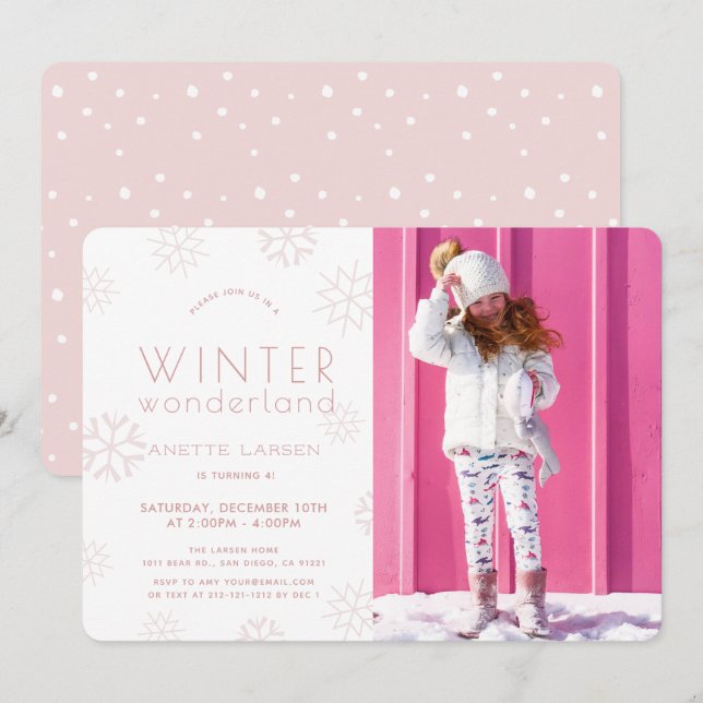 Invitación Winter Wonderland Foto Chica Rosa Cumpleaños (Anverso / Reverso)