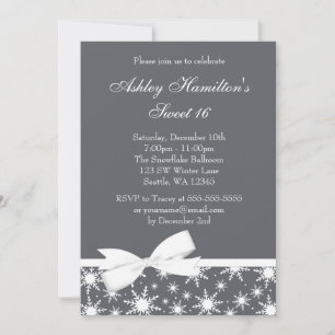Invitación Winter Wonderland Gray Snowflake Bow Sweet 16