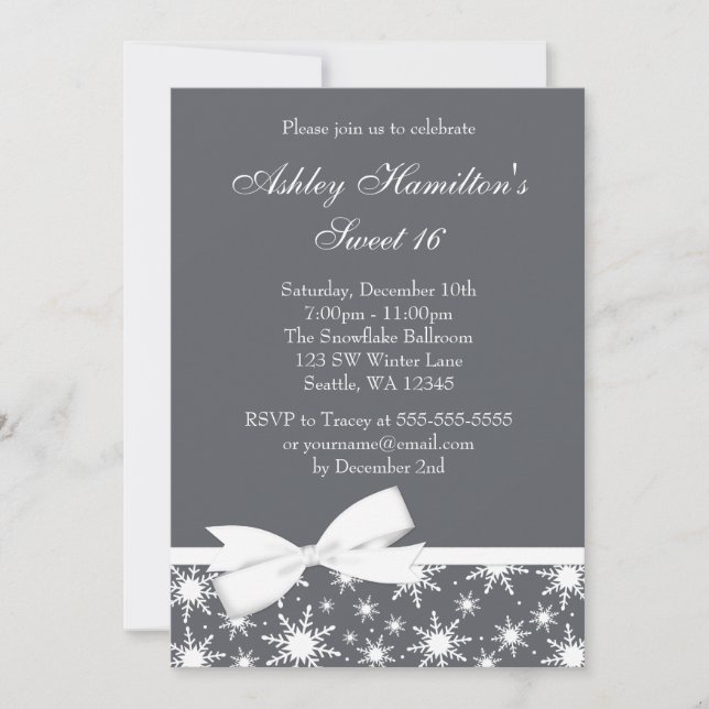 Invitación Winter Wonderland Gray Snowflake Bow Sweet 16 (Anverso)