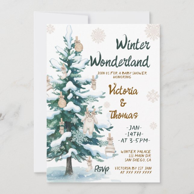 Invitación Winter Wonderland Green Neutral Baby Shower (Anverso)