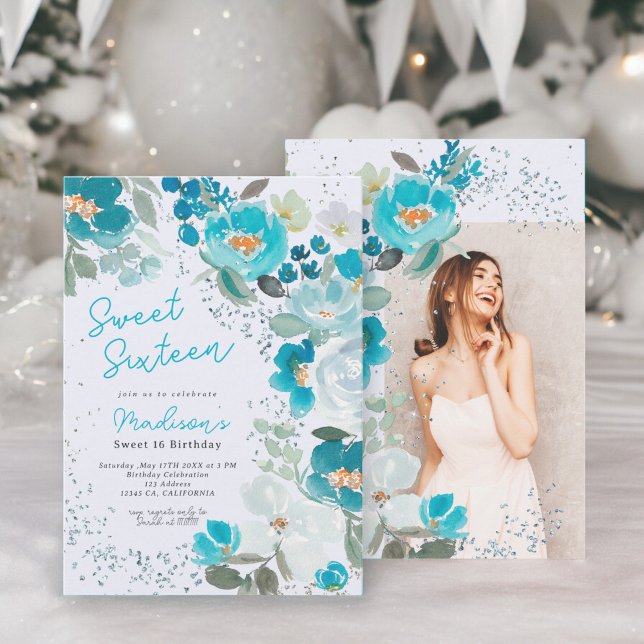 Invitación Winter Wonderland Hielo azul Floral Sweet 16 (Winter Wonderland Ice blue Floral Sweet Sixteen Invitation)